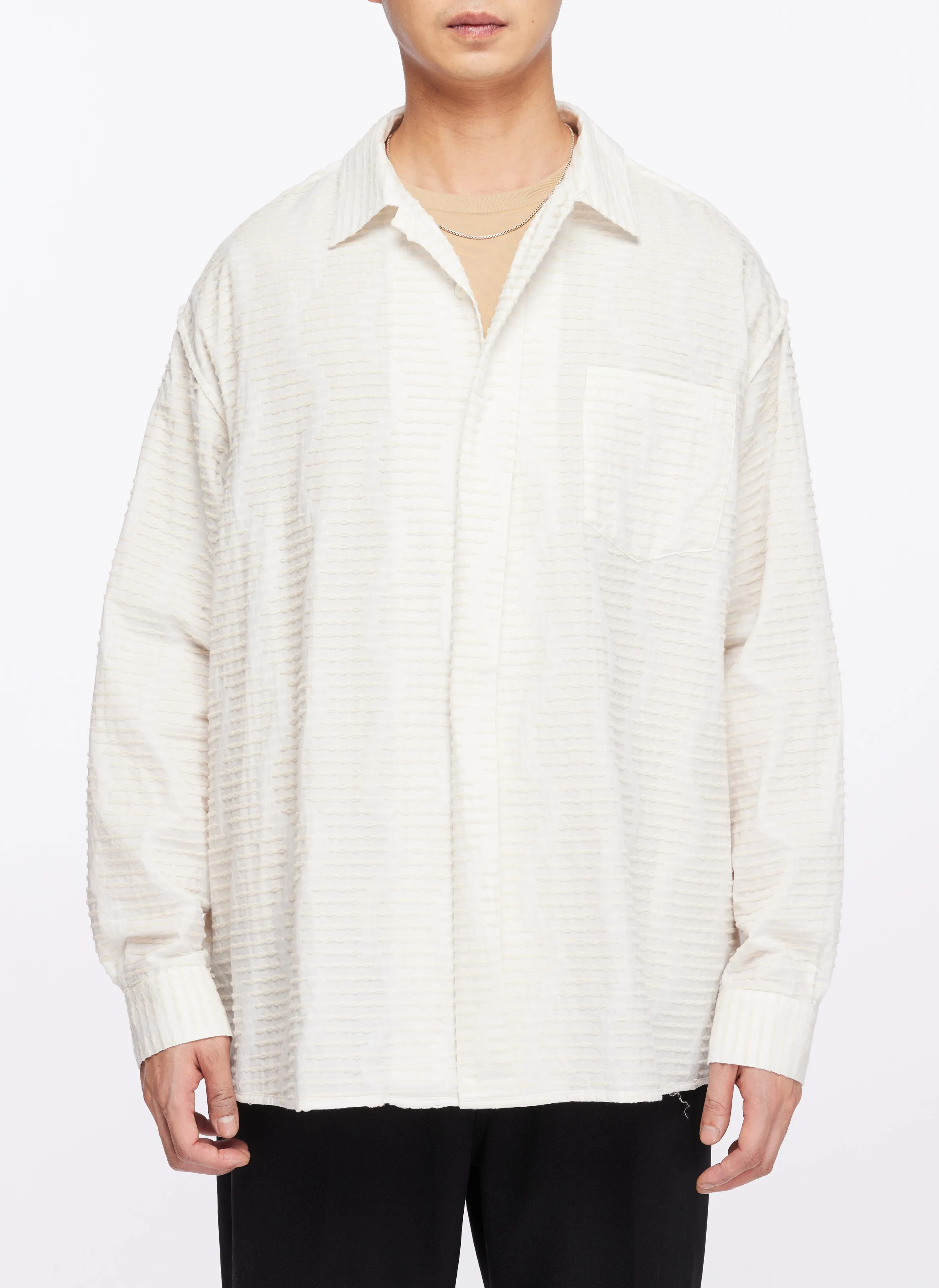 Albini Cotton Jacquard Long Sleeve Open Collar Shirt