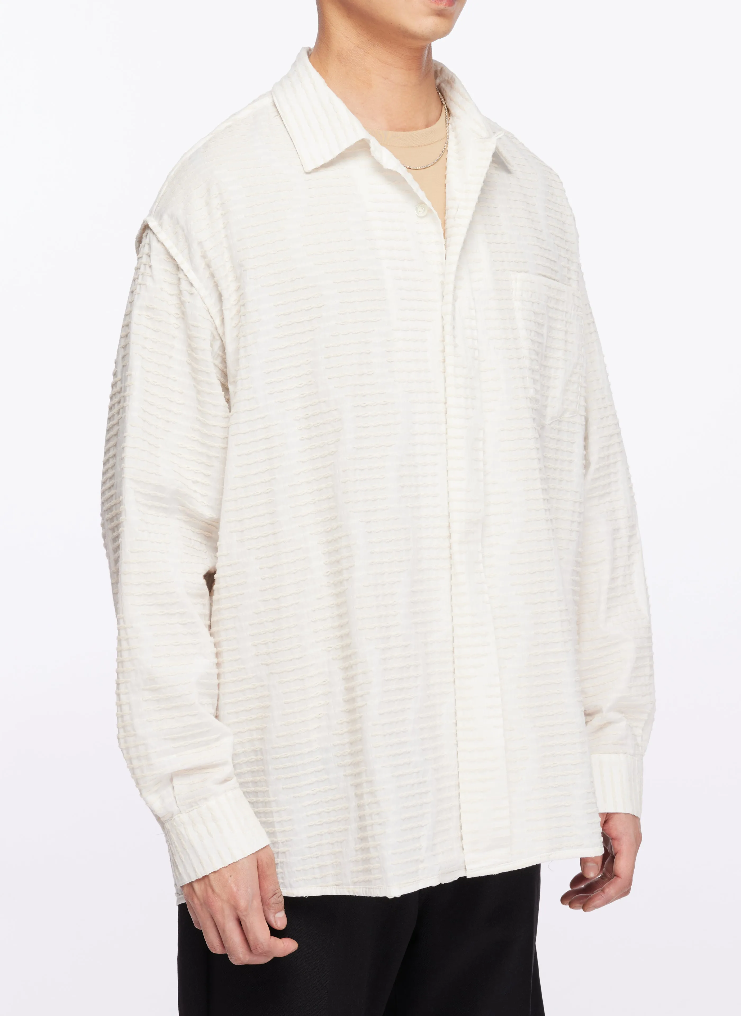 Albini Cotton Jacquard Long Sleeve Open Collar Shirt