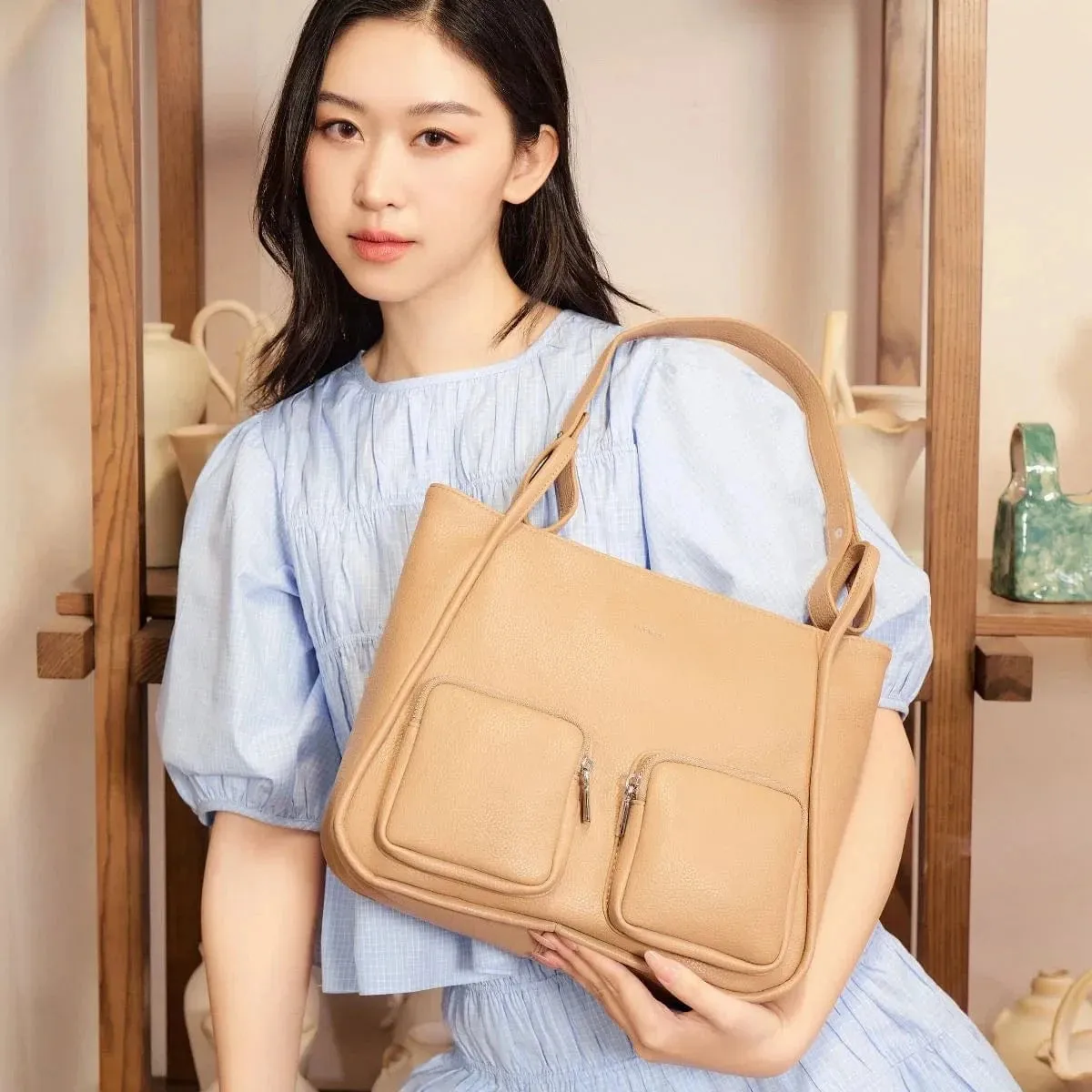 Cathy Vegan Leather Tote | Latte Pebbled