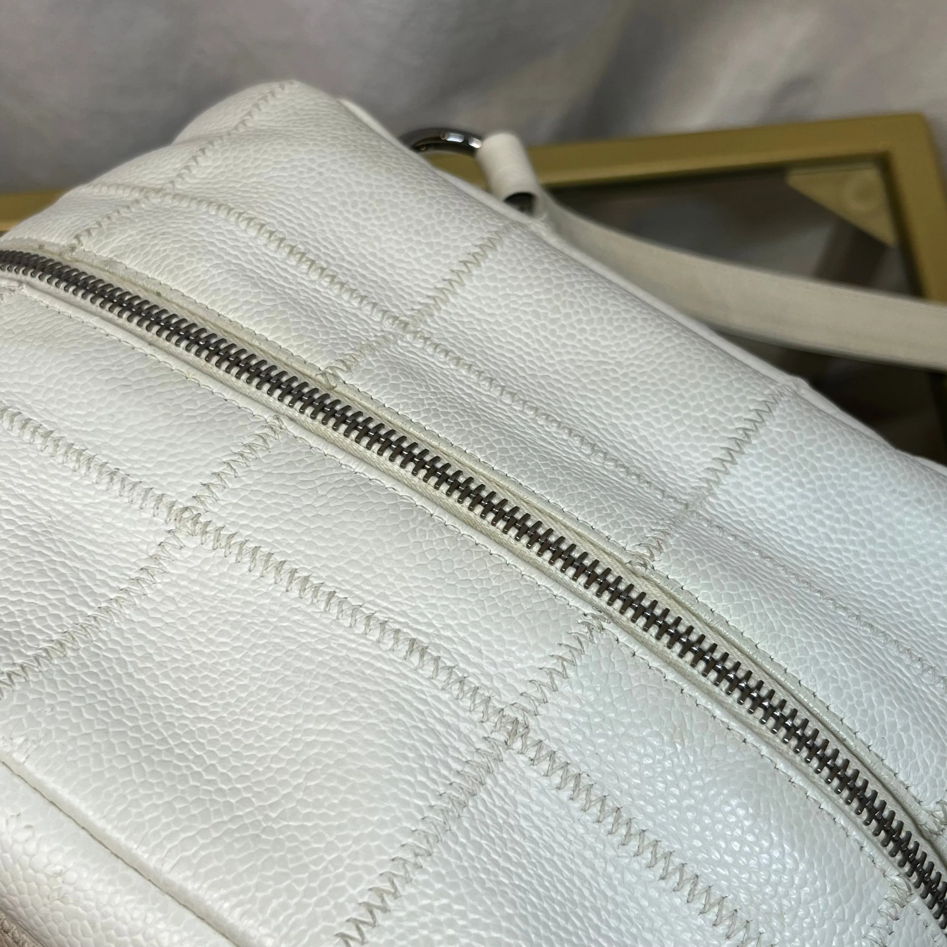 CHANEL LAX Bowler White Caviar Square Stitched Satchel Bag