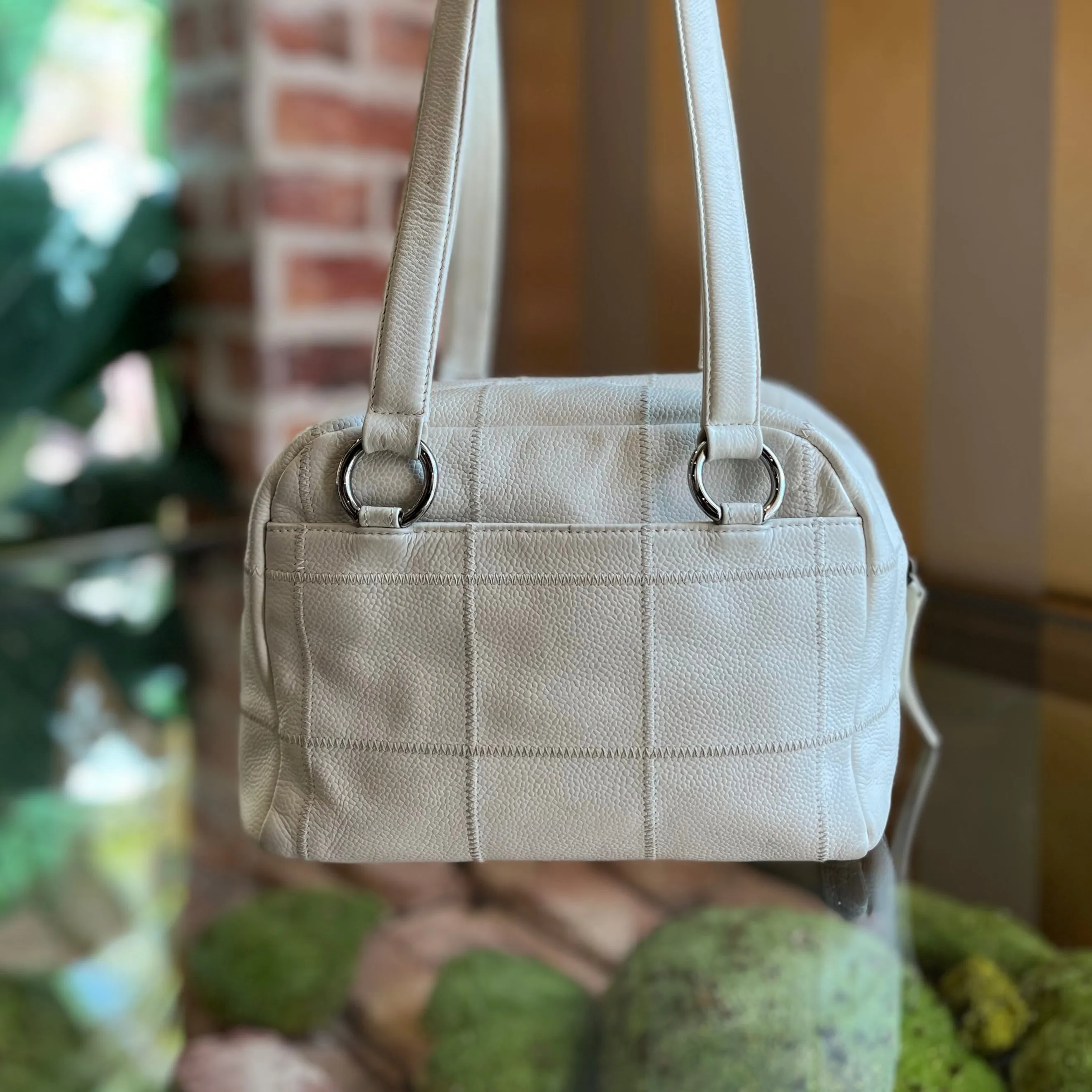 CHANEL LAX Bowler White Caviar Square Stitched Satchel Bag