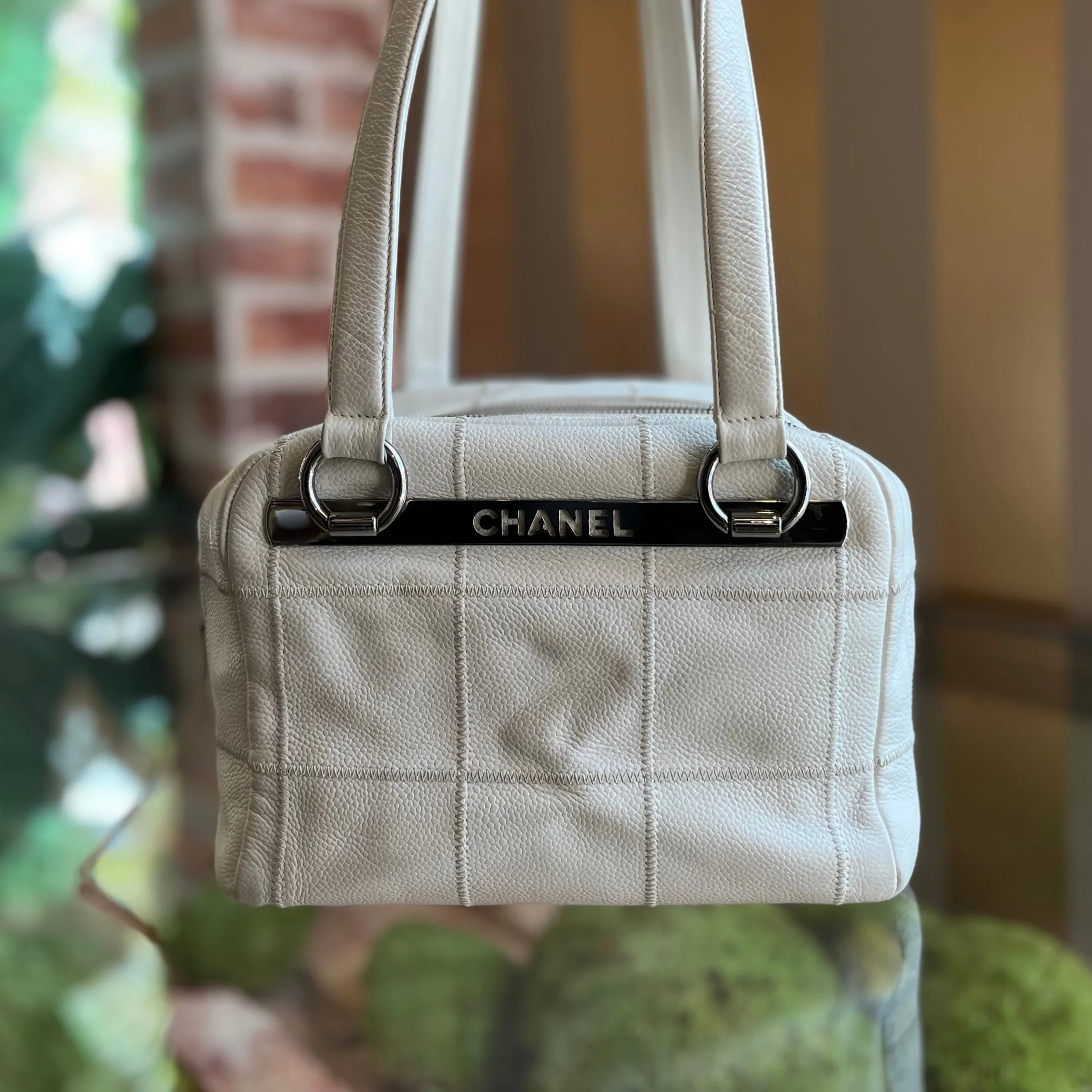 CHANEL LAX Bowler White Caviar Square Stitched Satchel Bag