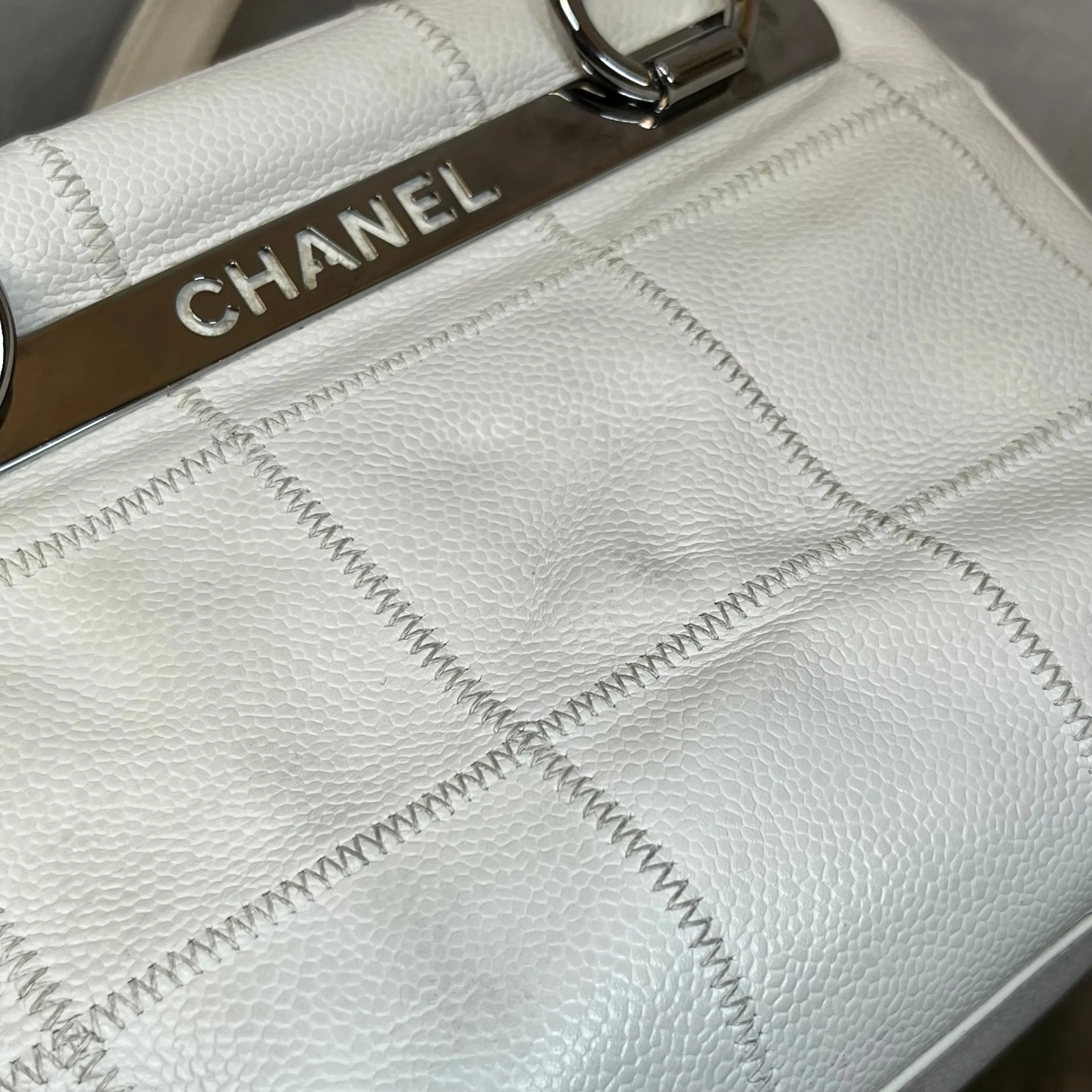 CHANEL LAX Bowler White Caviar Square Stitched Satchel Bag