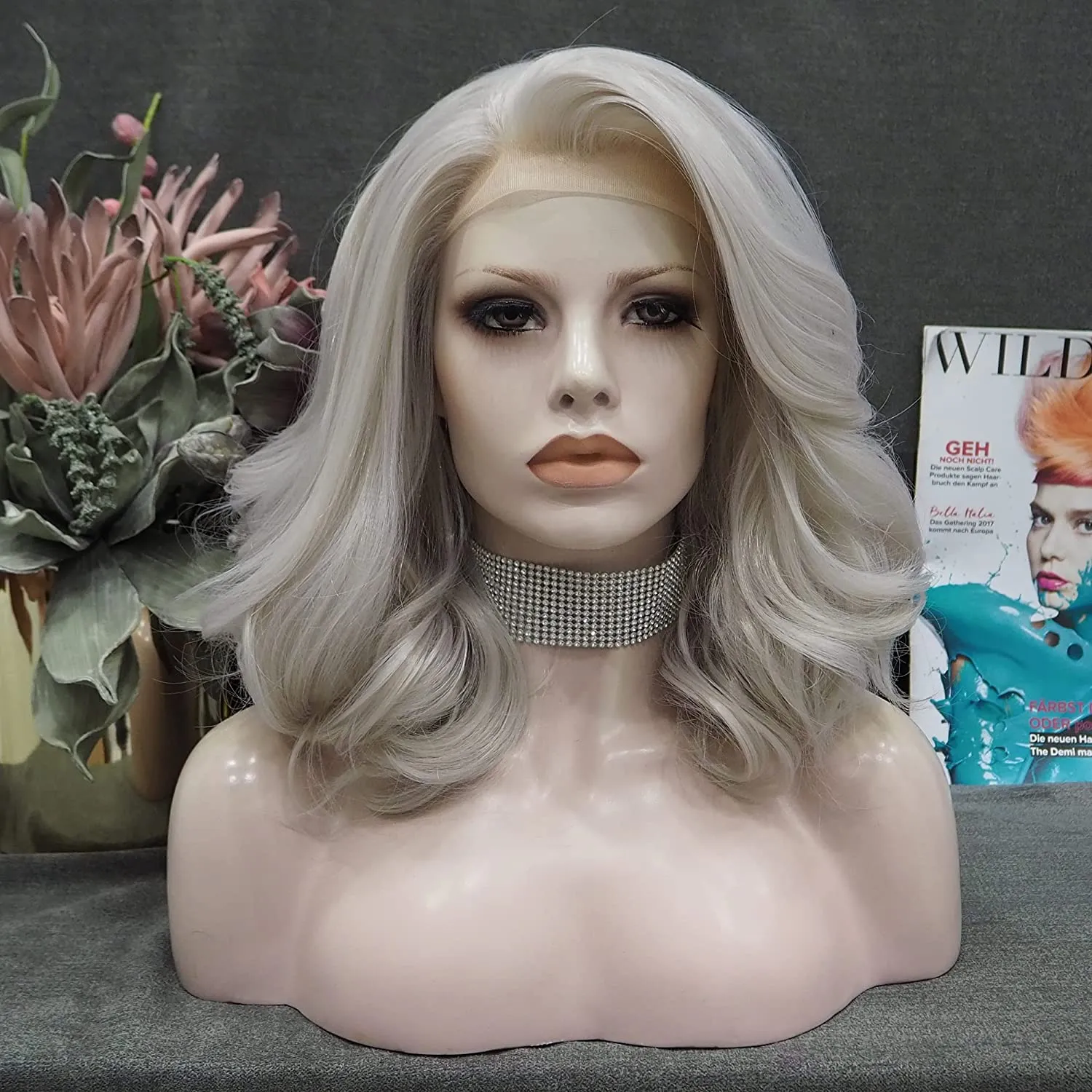 Emilia -  Silver Grey Shoulder Length Synthetic Lace Front Wigs