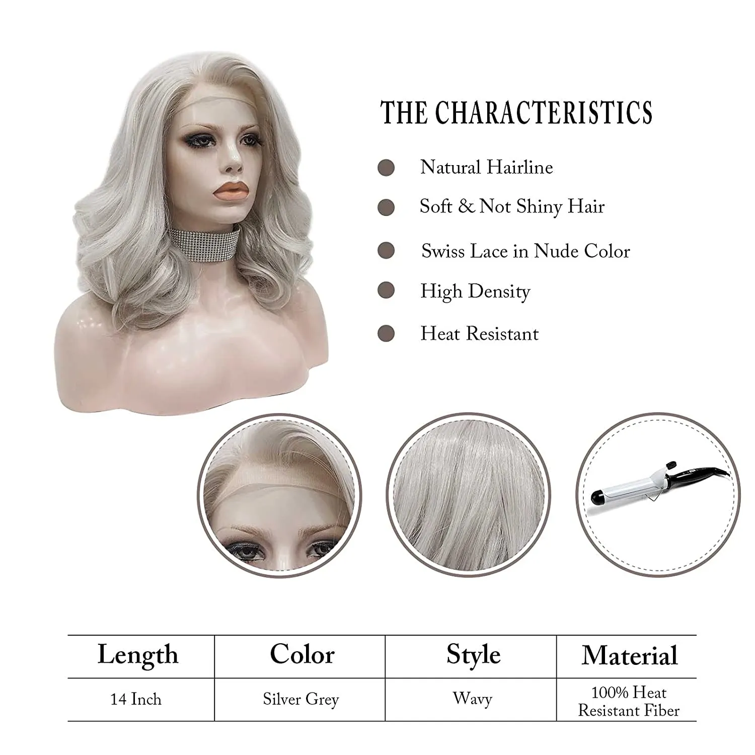 Emilia -  Silver Grey Shoulder Length Synthetic Lace Front Wigs