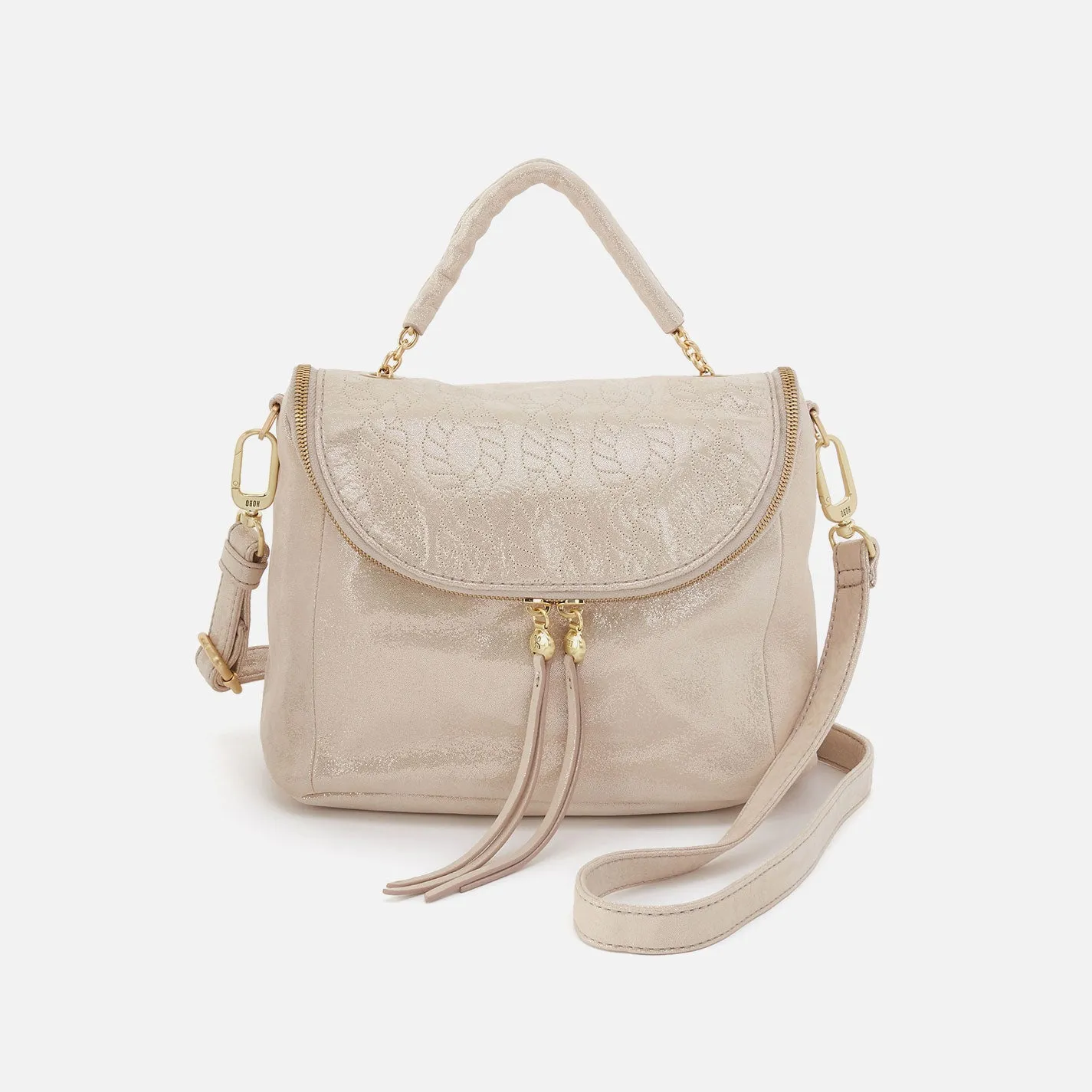 Fern Top Handle Satchel In Metallic Leather - Sand Shimmer