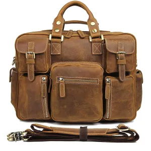 Men Genuine Leather Detachable Strap Large Multi-Pocket 15.6 Inch Laptop Bag Briefcase Messenger Bag Crossbody Bags