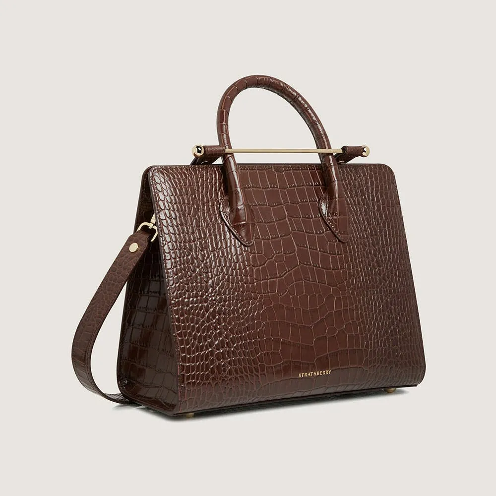 Midi Tote - Croc-Embossed Leather Chocolate