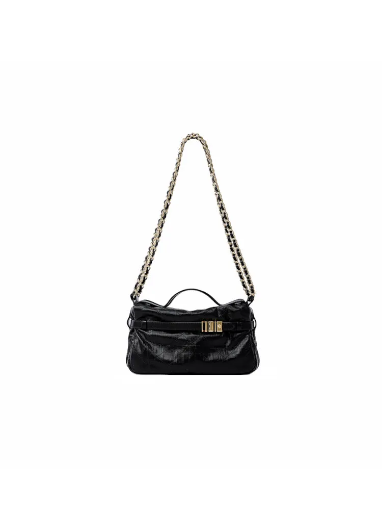 Note Chain Leather Top Handle Bag