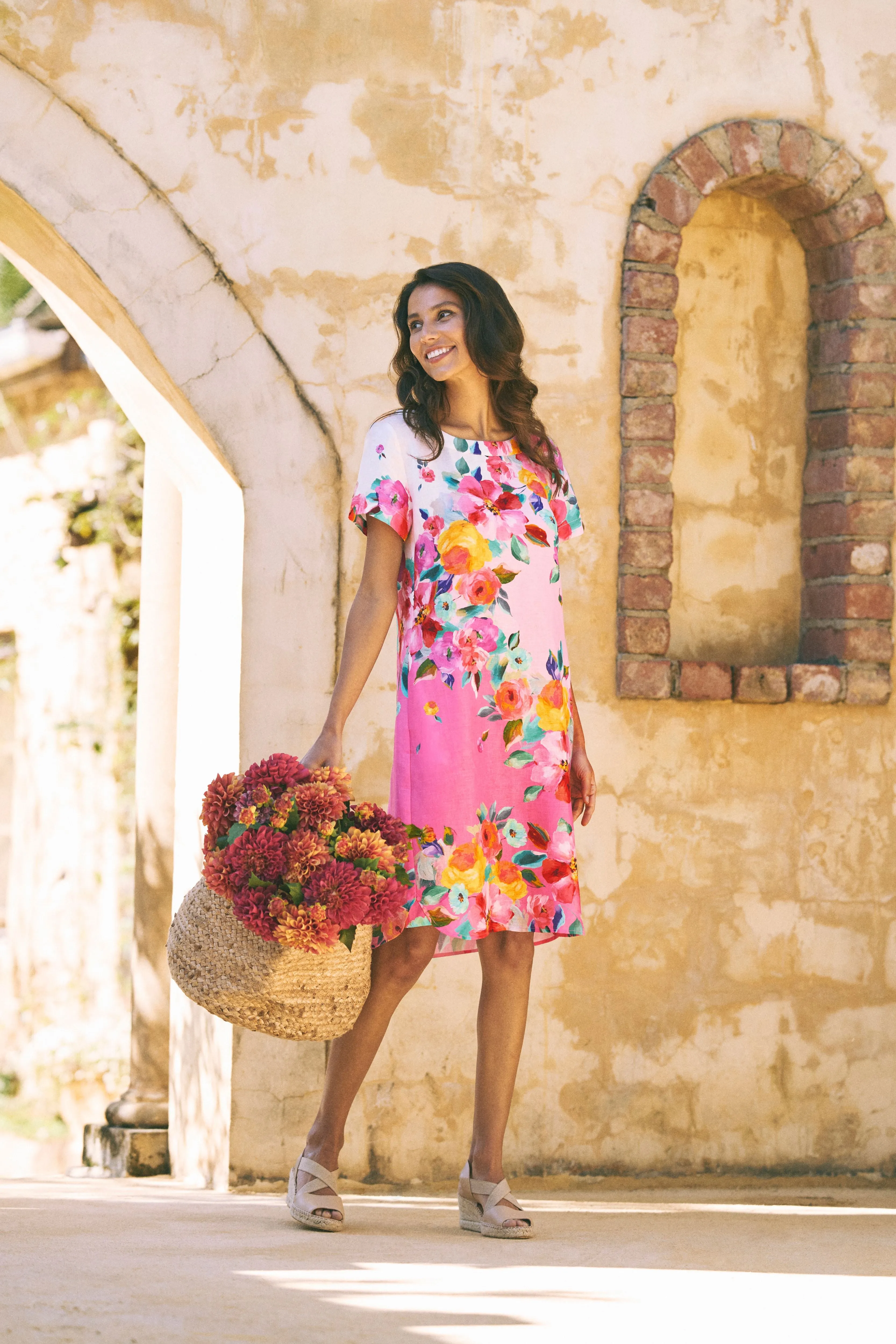 Printed French Linen Dress - Rose Border Print